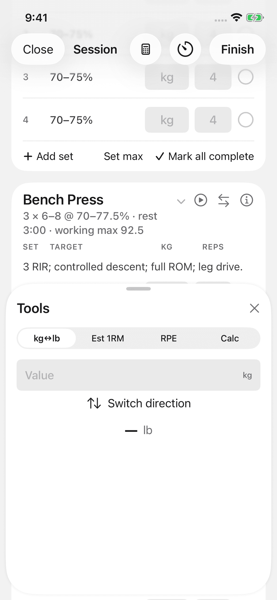 The tools sheet open over a session with kg to lb, Est 1RM, RPE, and Calc tabs