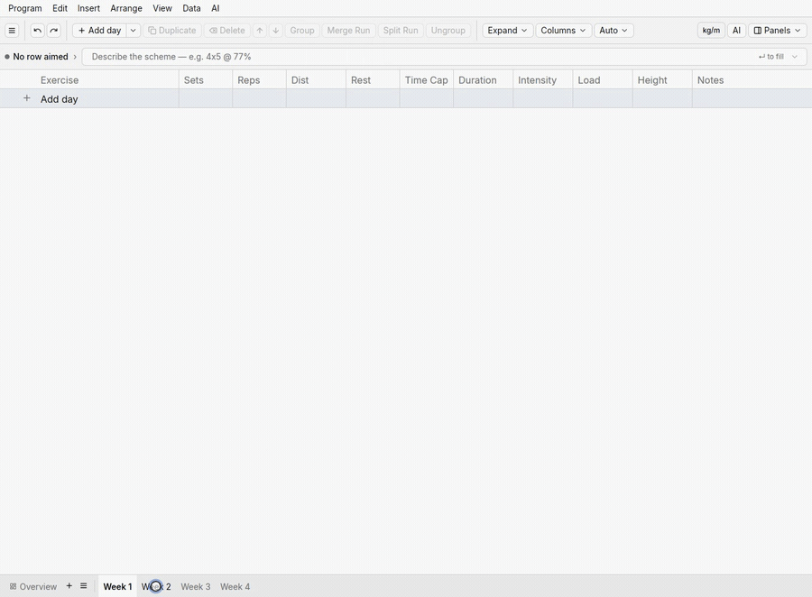 Three week tabs selected with Cmd+Click, a context menu creating a block, and the block renamed Strength in blue