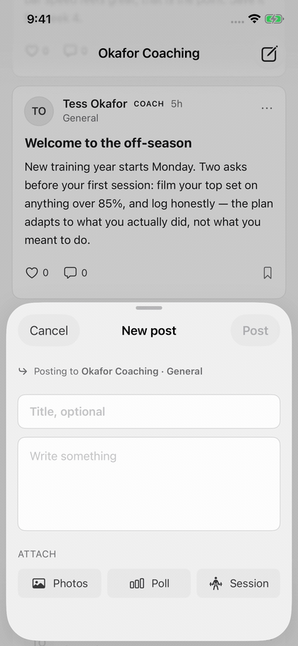 Composing a new post and attaching a completed session receipt from the Activity log