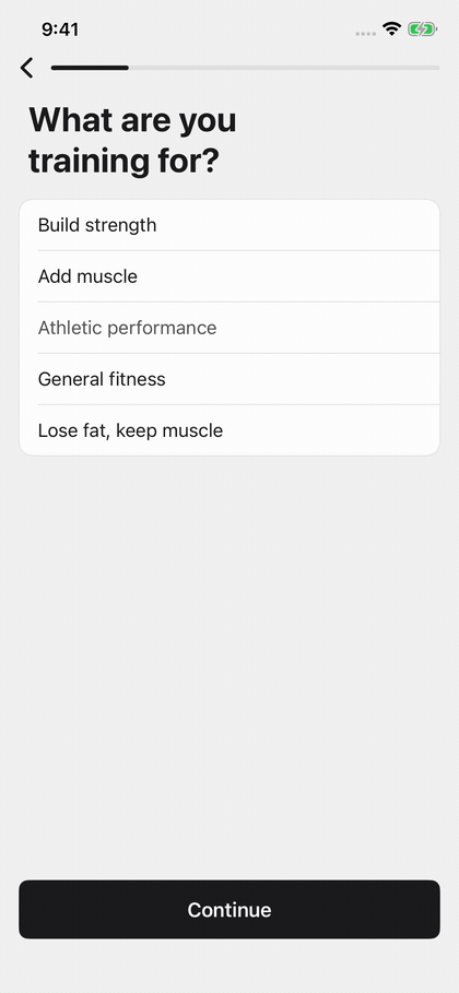 Moving through the intake questions — training goal, then the following question — and skipping one
