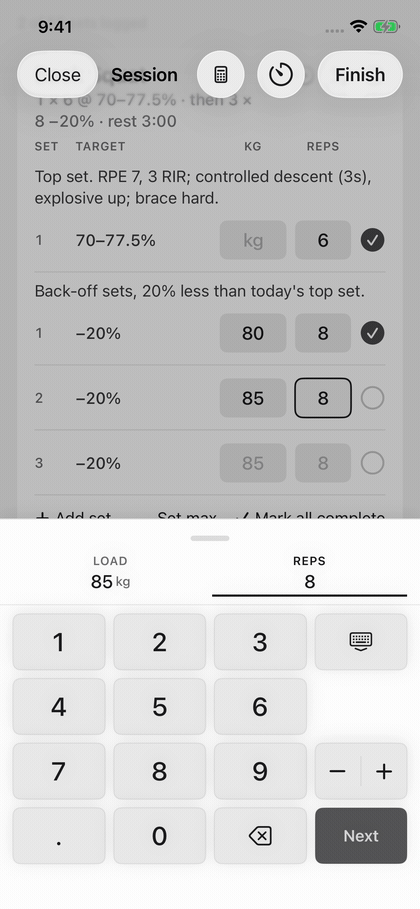 The rest timer opening on a logged set and counting down, with +30 adding half a minute