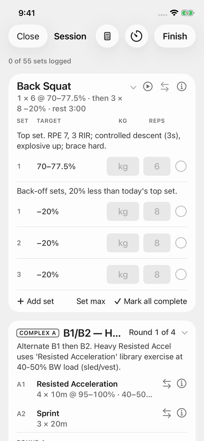 Tapping the swap icon on an exercise, searching a substitute, choosing a reason, and the row updating to the new movement